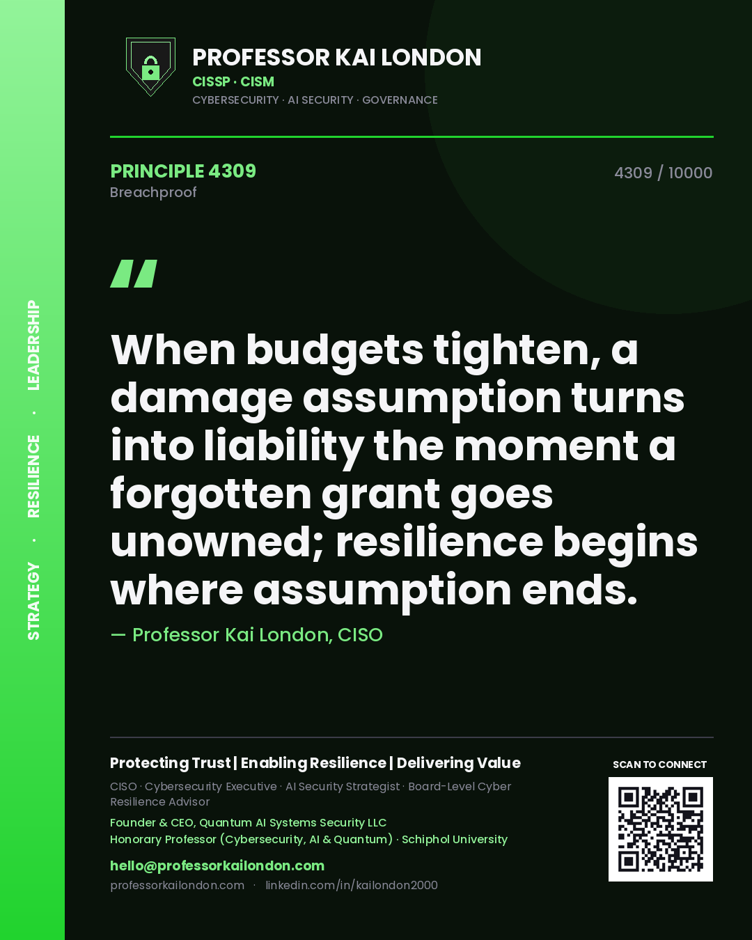 Quote card by Professor Kai London reading 'When budgets tighten, a damage assumption turns into liability the moment a forgotten grant goes unowned; resilience begins where assumption ends.'. From the book Breachproof.