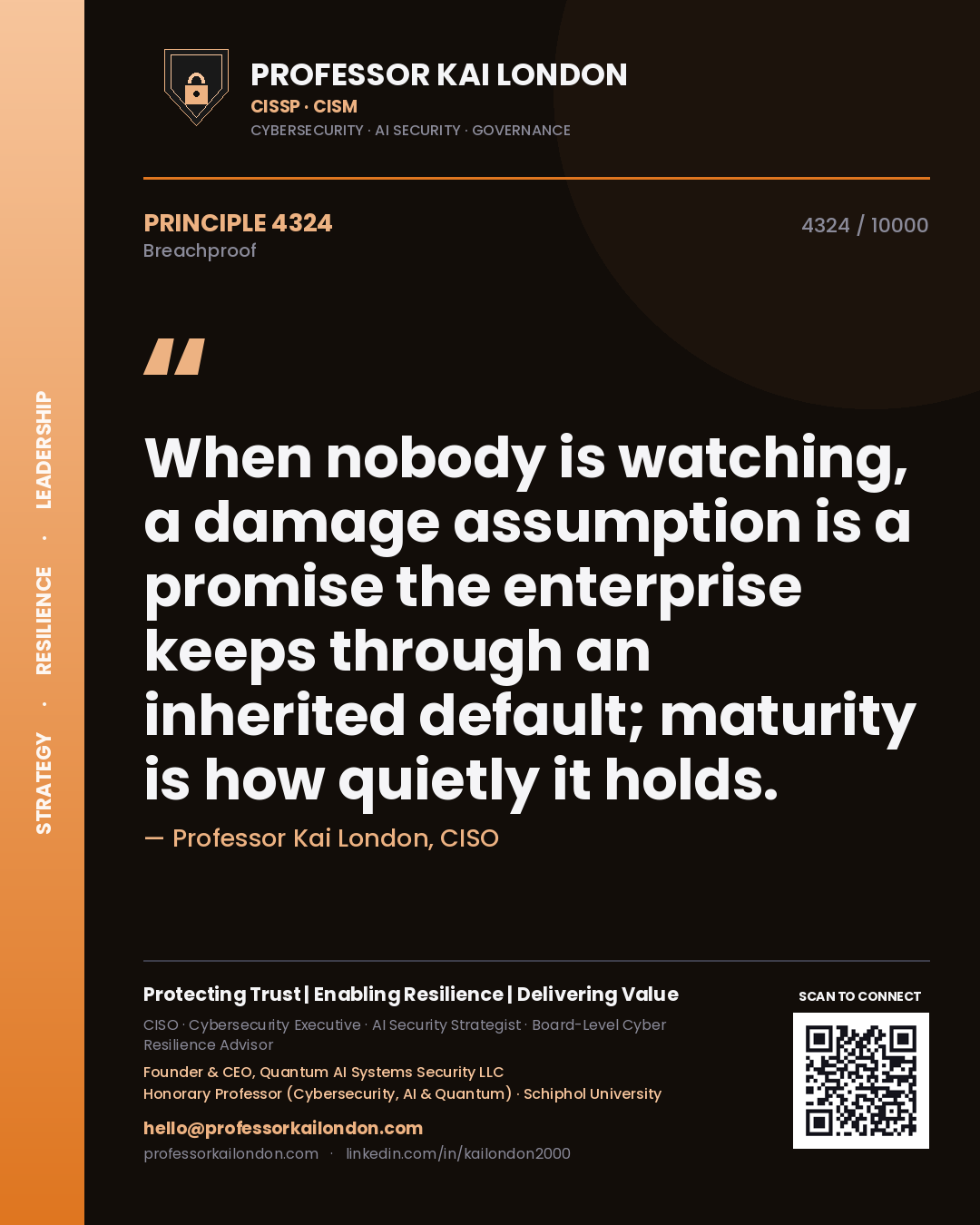Quote card by Professor Kai London reading 'When nobody is watching, a damage assumption is a promise the enterprise keeps through an inherited default; maturity is how quietly it holds.'. From the book Breachproof.