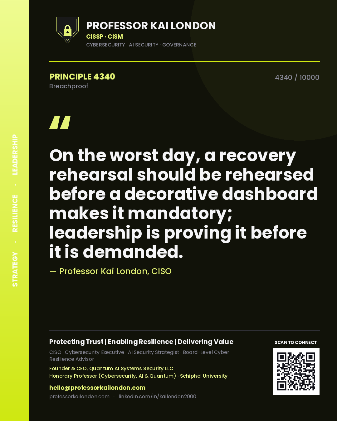 Quote card by Professor Kai London reading 'On the worst day, a recovery rehearsal should be rehearsed before a decorative dashboard makes it mandatory; leadership is proving it before it is demanded.'. From the book Breachproof.