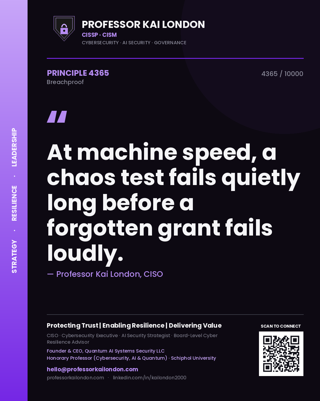 Quote card by Professor Kai London reading 'At machine speed, a chaos test fails quietly long before a forgotten grant fails loudly.'. From the book Breachproof.