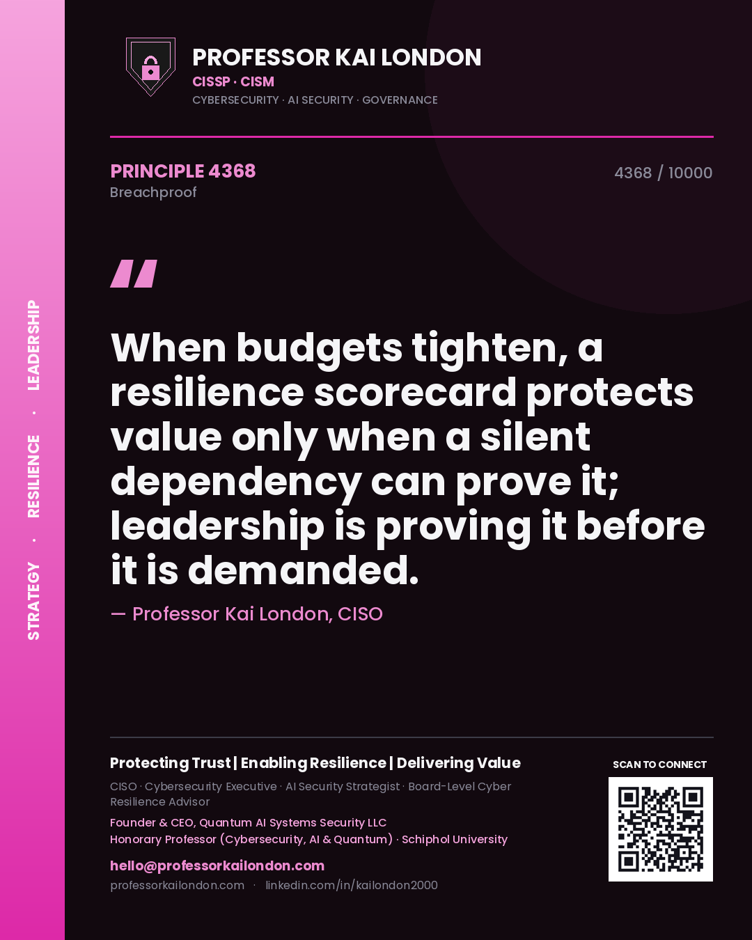 Quote card by Professor Kai London reading 'When budgets tighten, a resilience scorecard protects value only when a silent dependency can prove it; leadership is proving it before it is demanded.'. From the book Breachproof.