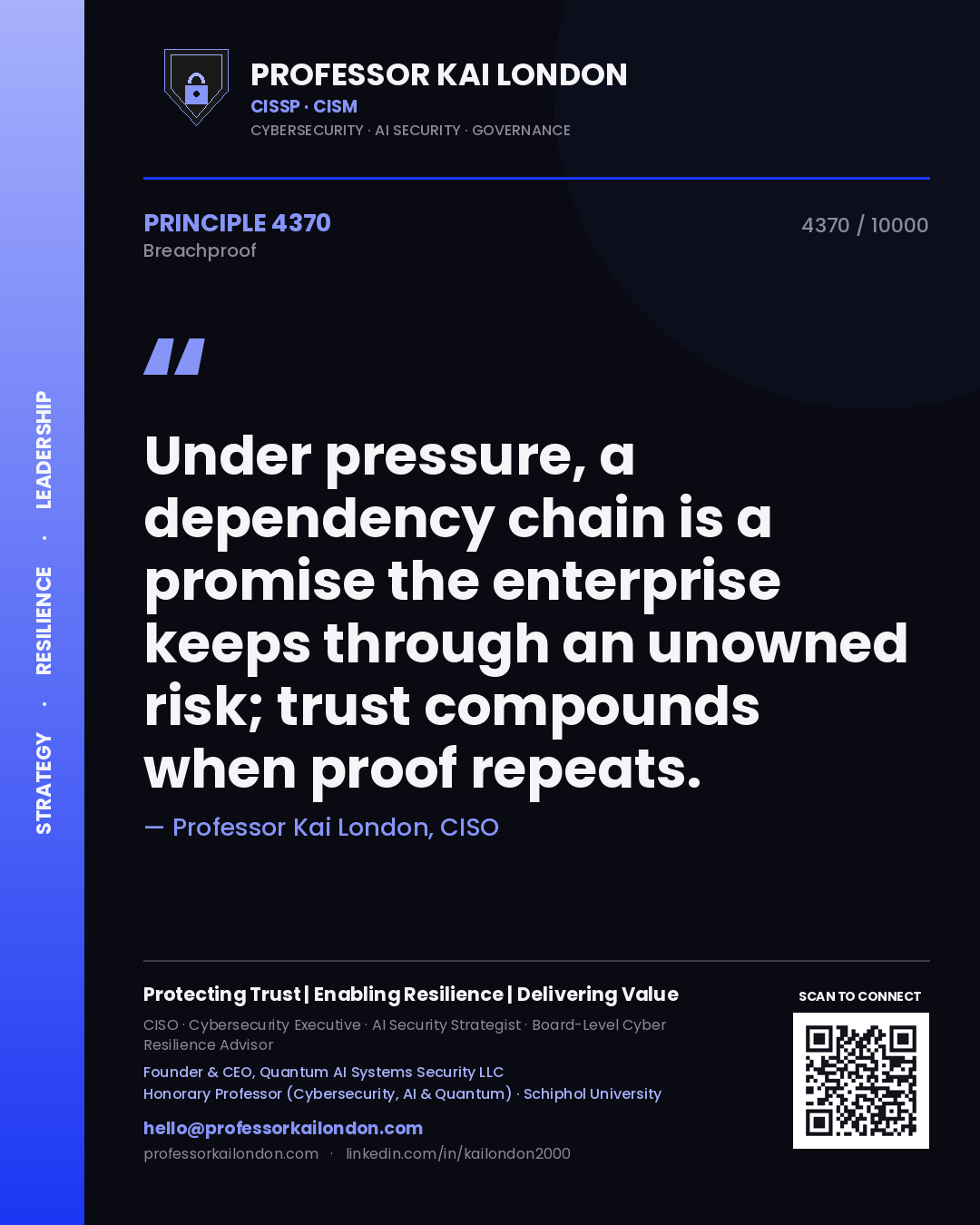 Quote card by Professor Kai London reading 'Under pressure, a dependency chain is a promise the enterprise keeps through an unowned risk; trust compounds when proof repeats.'. From the book Breachproof.