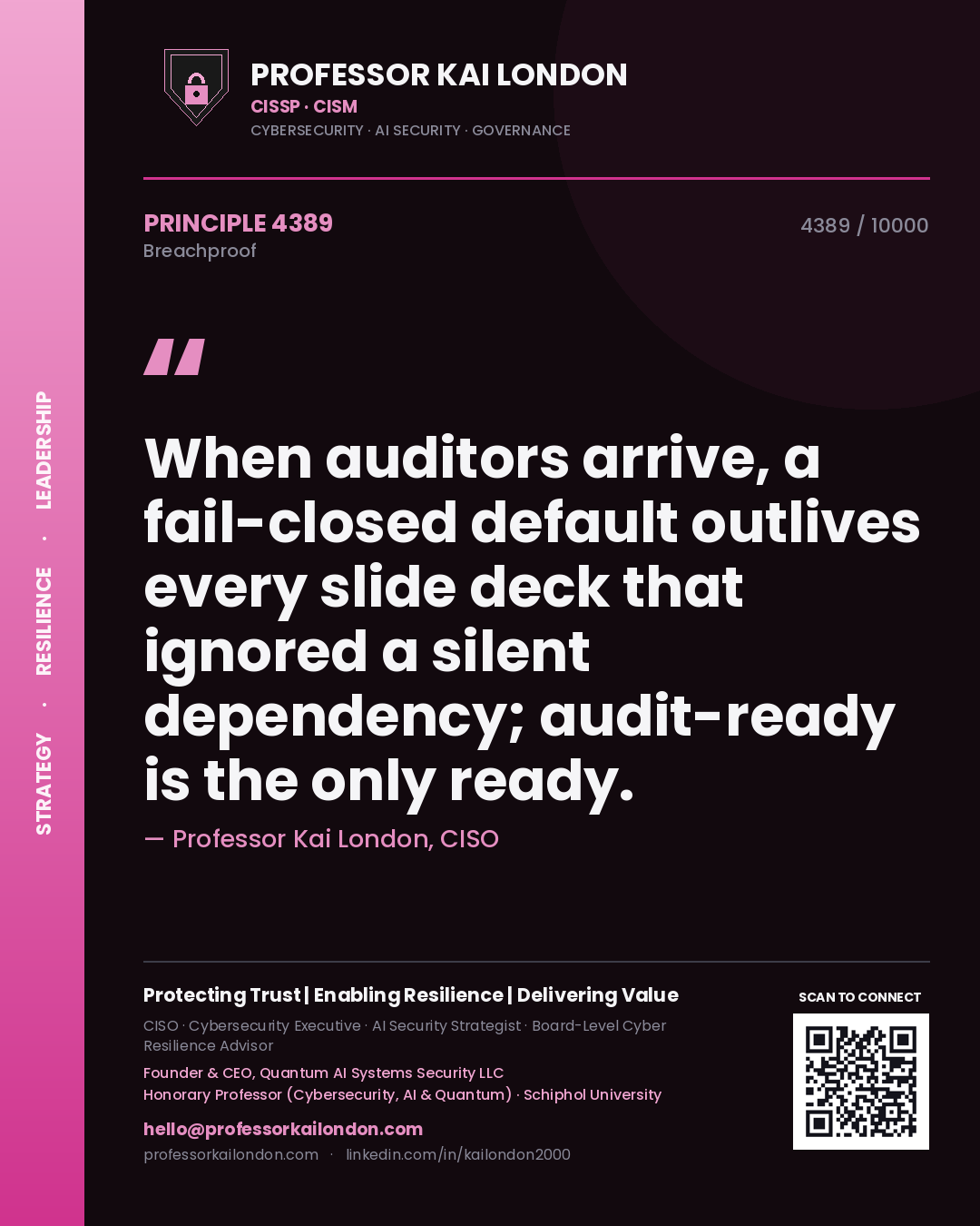 Quote card by Professor Kai London reading 'When auditors arrive, a fail-closed default outlives every slide deck that ignored a silent dependency; audit-ready is the only ready.'. From the book Breachproof.