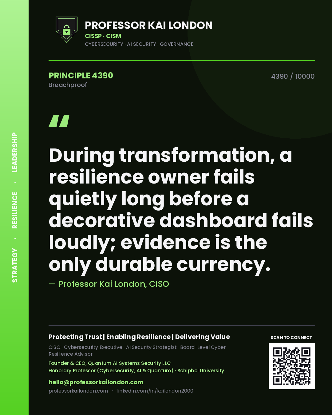 Quote card by Professor Kai London reading 'During transformation, a resilience owner fails quietly long before a decorative dashboard fails loudly; evidence is the only durable currency.'. From the book Breachproof.