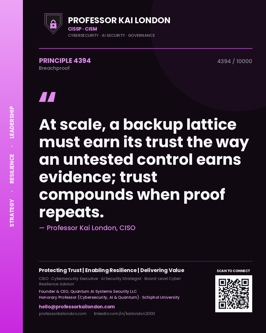 Quote card by Professor Kai London reading 'At scale, a backup lattice must earn its trust the way an untested control earns evidence; trust compounds when proof repeats.'. From the book Breachproof.