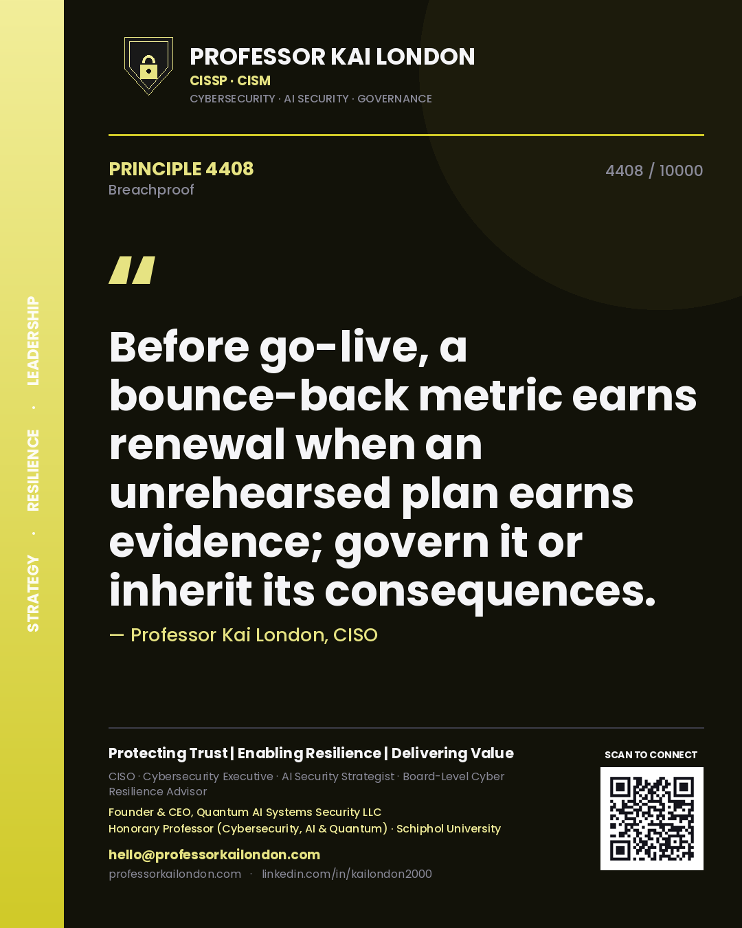 Quote card by Professor Kai London reading 'Before go-live, a bounce-back metric earns renewal when an unrehearsed plan earns evidence; govern it or inherit its consequences.'. From the book Breachproof.