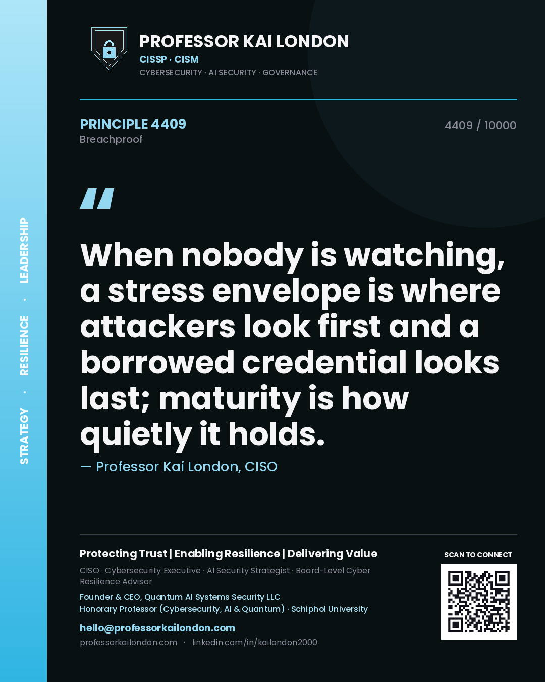 Quote card by Professor Kai London reading 'When nobody is watching, a stress envelope is where attackers look first and a borrowed credential looks last; maturity is how quietly it holds.'. From the book Breachproof.