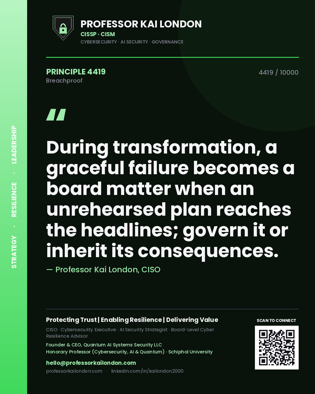 Quote card by Professor Kai London reading 'During transformation, a graceful failure becomes a board matter when an unrehearsed plan reaches the headlines; govern it or inherit its consequences.'. From the book Breachproof.