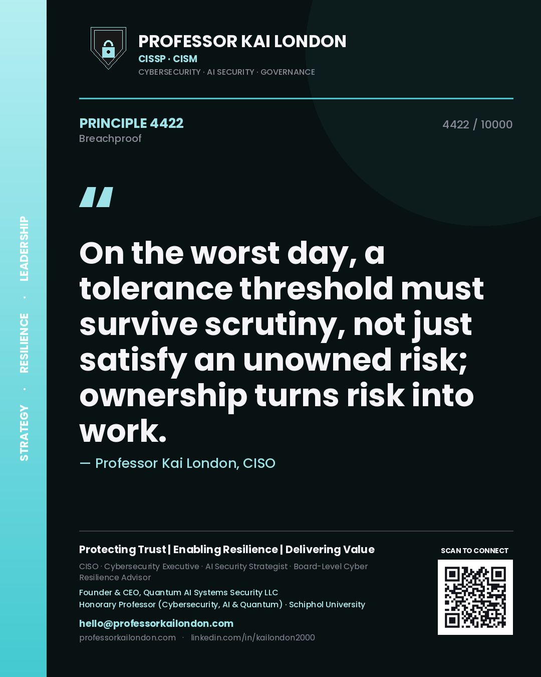 Professor Kai London principle 4422: On the worst day, a tolerance threshold must survive scrutiny, not just satisfy an unowned risk; ownership turns risk into work.