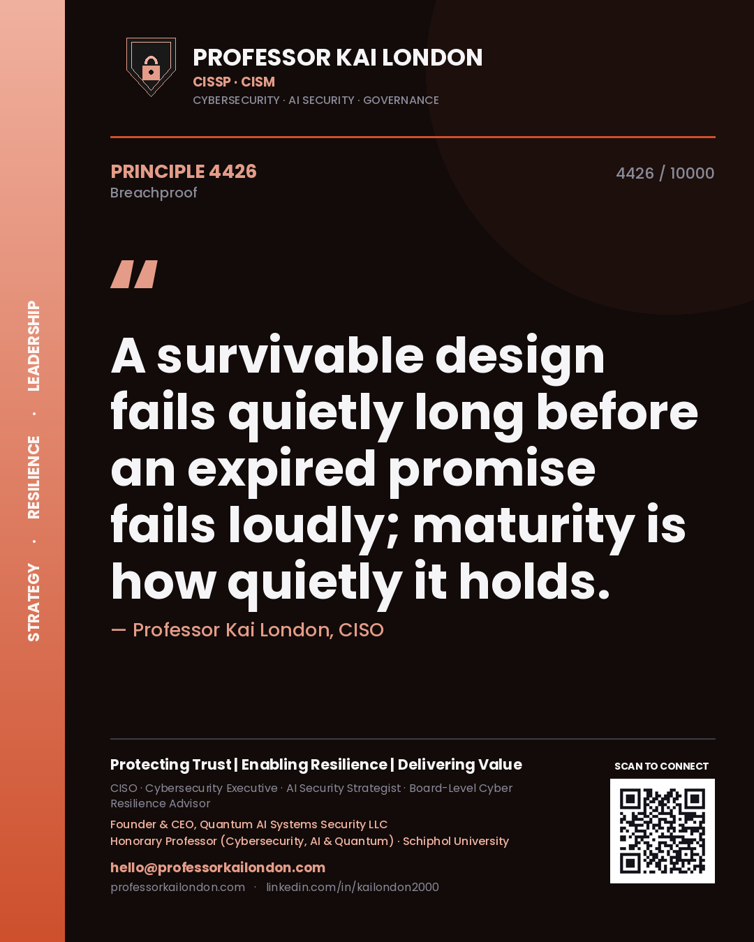 Quote card by Professor Kai London reading 'A survivable design fails quietly long before an expired promise fails loudly; maturity is how quietly it holds.'. From the book Breachproof.