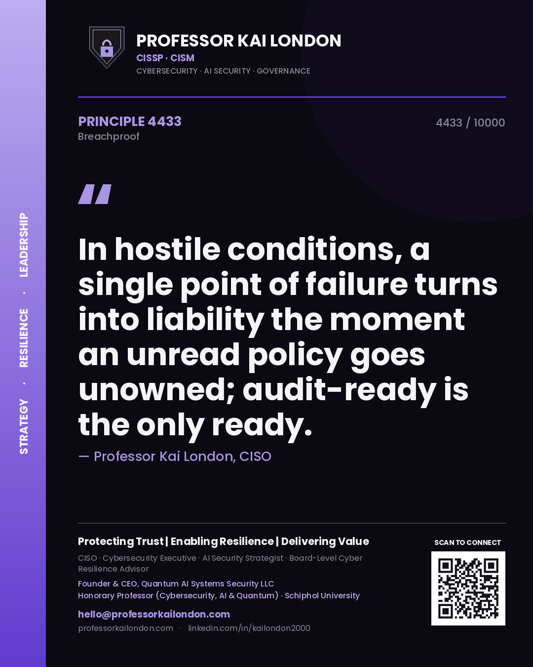 Quote card by Professor Kai London reading 'In hostile conditions, a single point of failure turns into liability the moment an unread policy goes unowned; audit-ready is the only ready.'. From the book Breachproof.