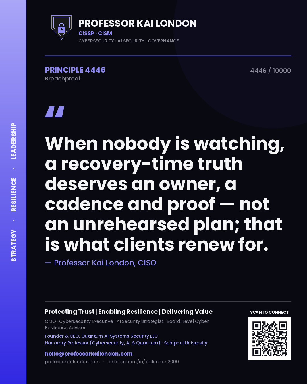 Quote card by Professor Kai London reading 'When nobody is watching, a recovery-time truth deserves an owner, a cadence and proof — not an unrehearsed plan; that is what clients renew for.'. From the book Breachproof.