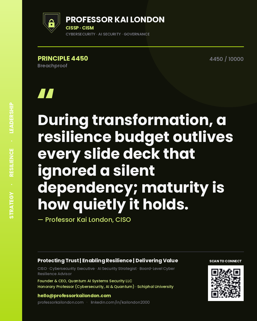 Quote card by Professor Kai London reading 'During transformation, a resilience budget outlives every slide deck that ignored a silent dependency; maturity is how quietly it holds.'. From the book Breachproof.
