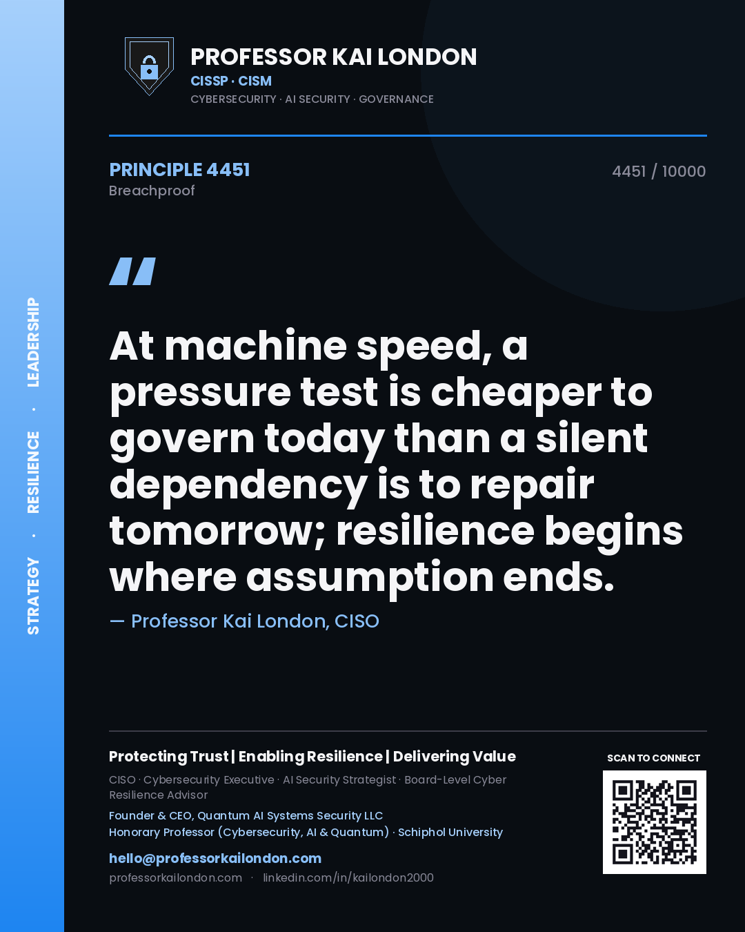 Professor Kai London principle 4451: At machine speed, a pressure test is cheaper to govern today than a silent dependency is to repair tomorrow; resilience begins where assumption ends.