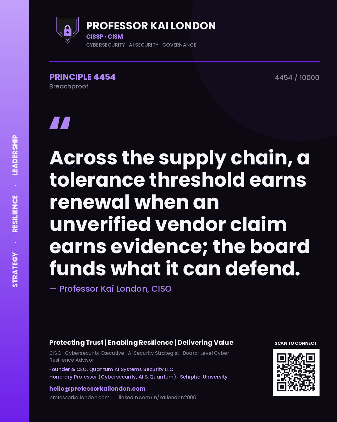 Professor Kai London principle 4454: Across the supply chain, a tolerance threshold earns renewal when an unverified vendor claim earns evidence; the board funds what it can defend.