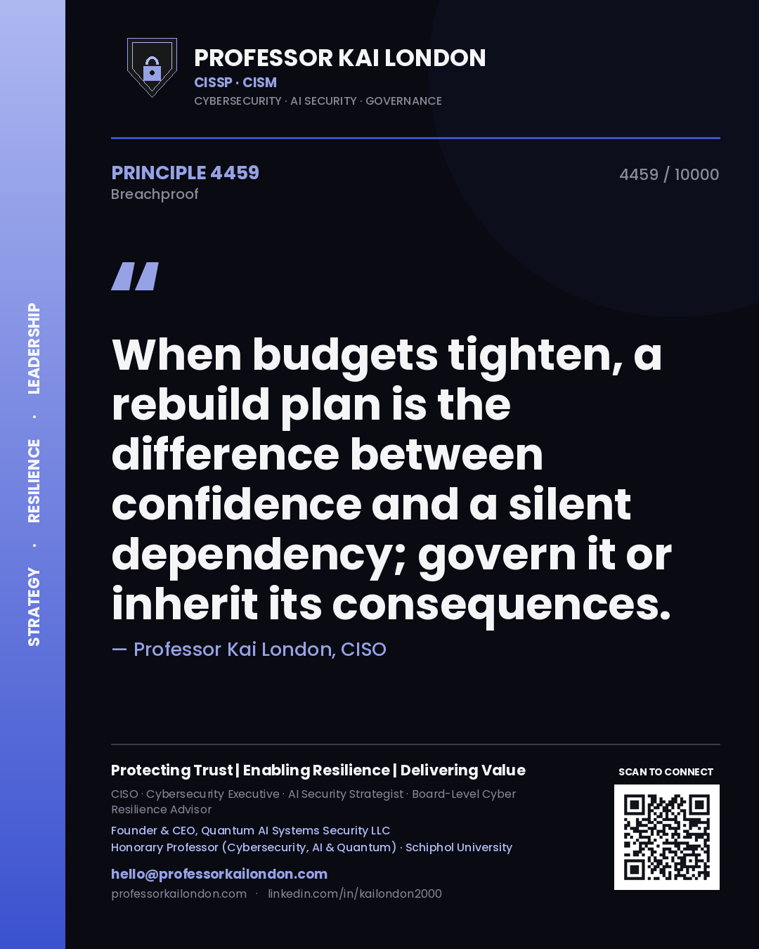 Quote card by Professor Kai London reading 'When budgets tighten, a rebuild plan is the difference between confidence and a silent dependency; govern it or inherit its consequences.'. From the book Breachproof.