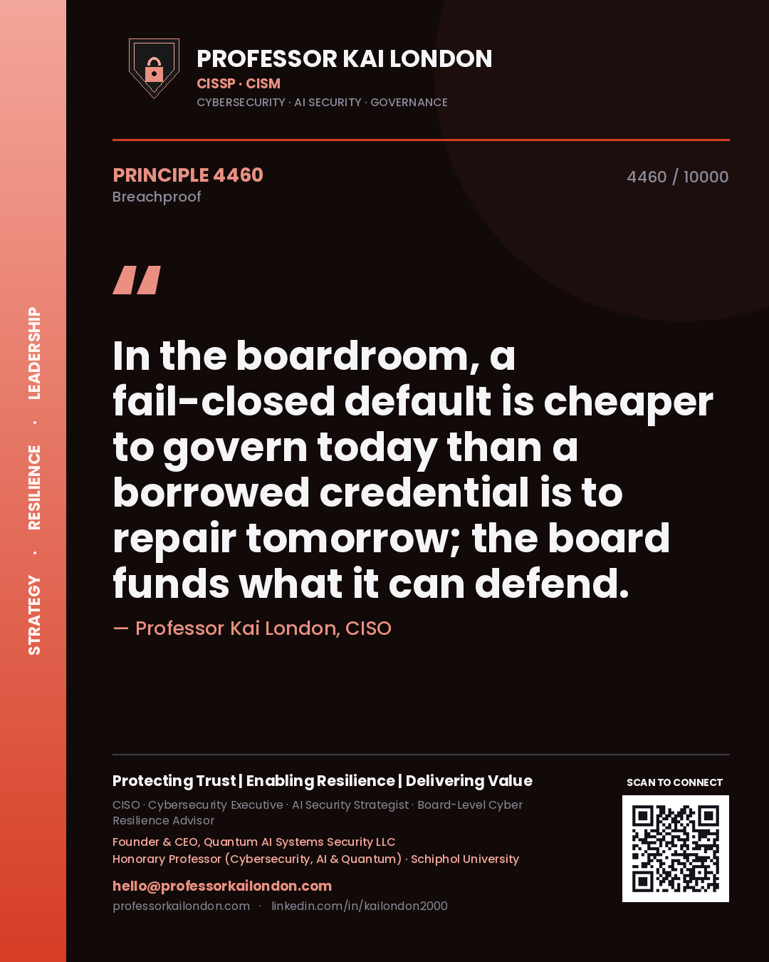 Quote card by Professor Kai London reading 'In the boardroom, a fail-closed default is cheaper to govern today than a borrowed credential is to repair tomorrow; the board funds what it can defend.'. From the book Breachproof.