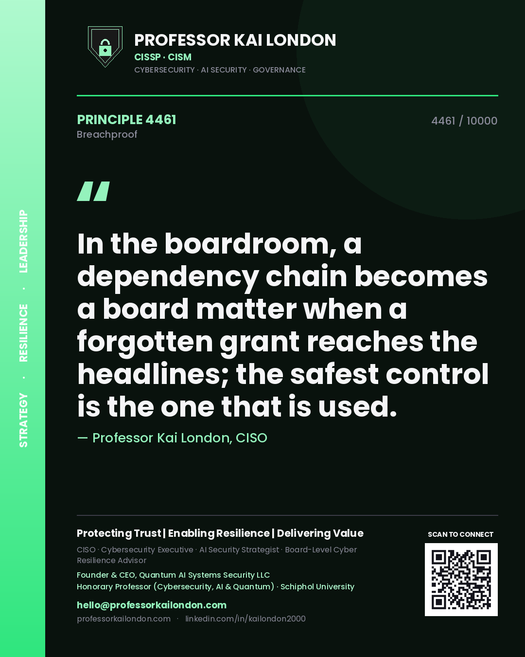 Professor Kai London principle 4461: In the boardroom, a dependency chain becomes a board matter when a forgotten grant reaches the headlines; the safest control is the one that is used.