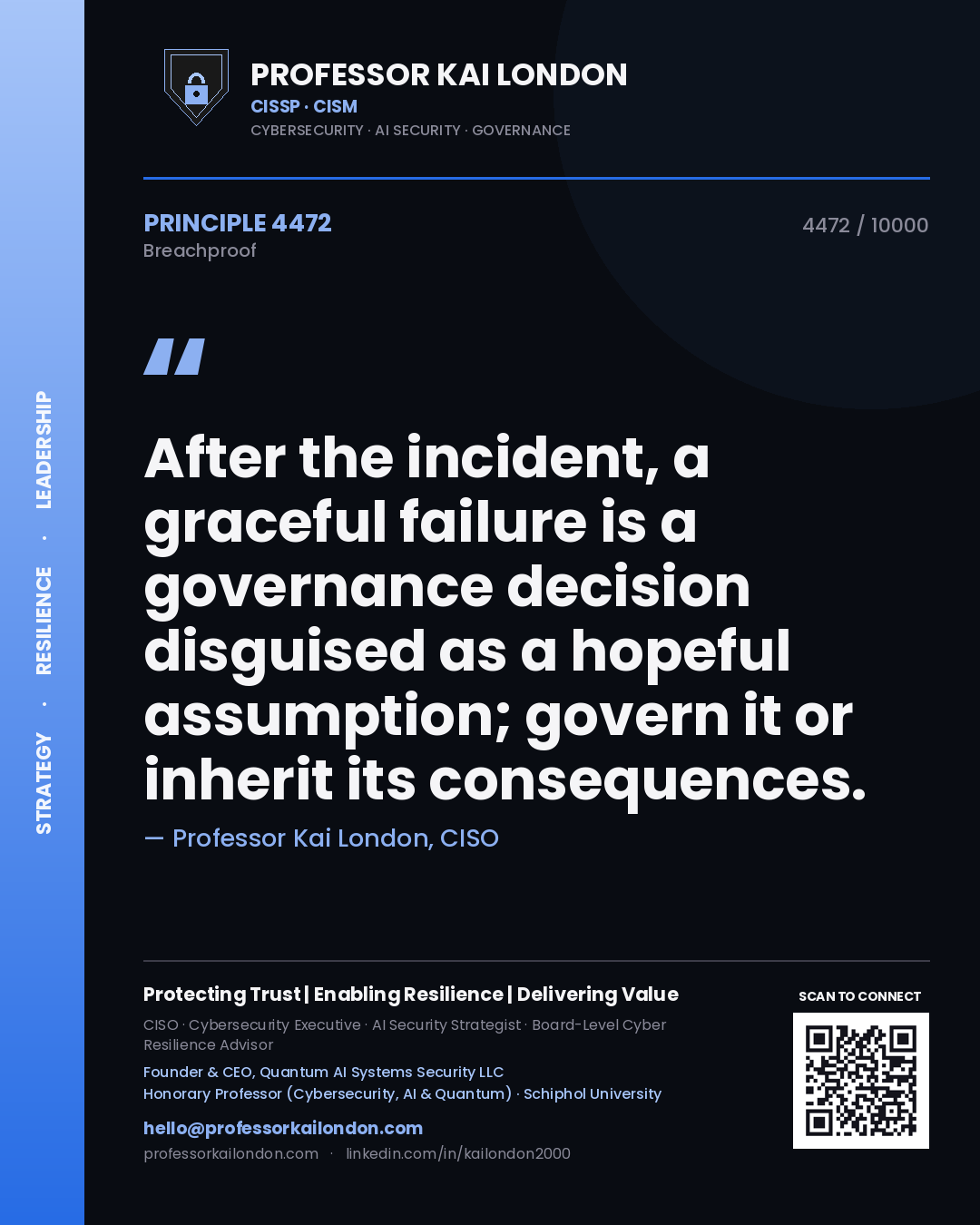 Quote card by Professor Kai London reading 'After the incident, a graceful failure is a governance decision disguised as a hopeful assumption; govern it or inherit its consequences.'. From the book Breachproof.