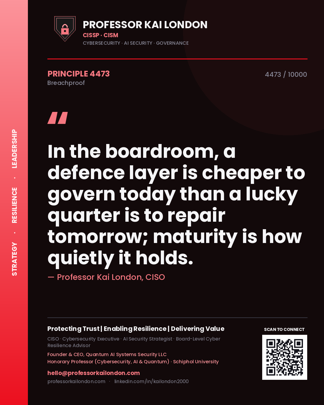 Professor Kai London principle 4473: In the boardroom, a defence layer is cheaper to govern today than a lucky quarter is to repair tomorrow; maturity is how quietly it holds.