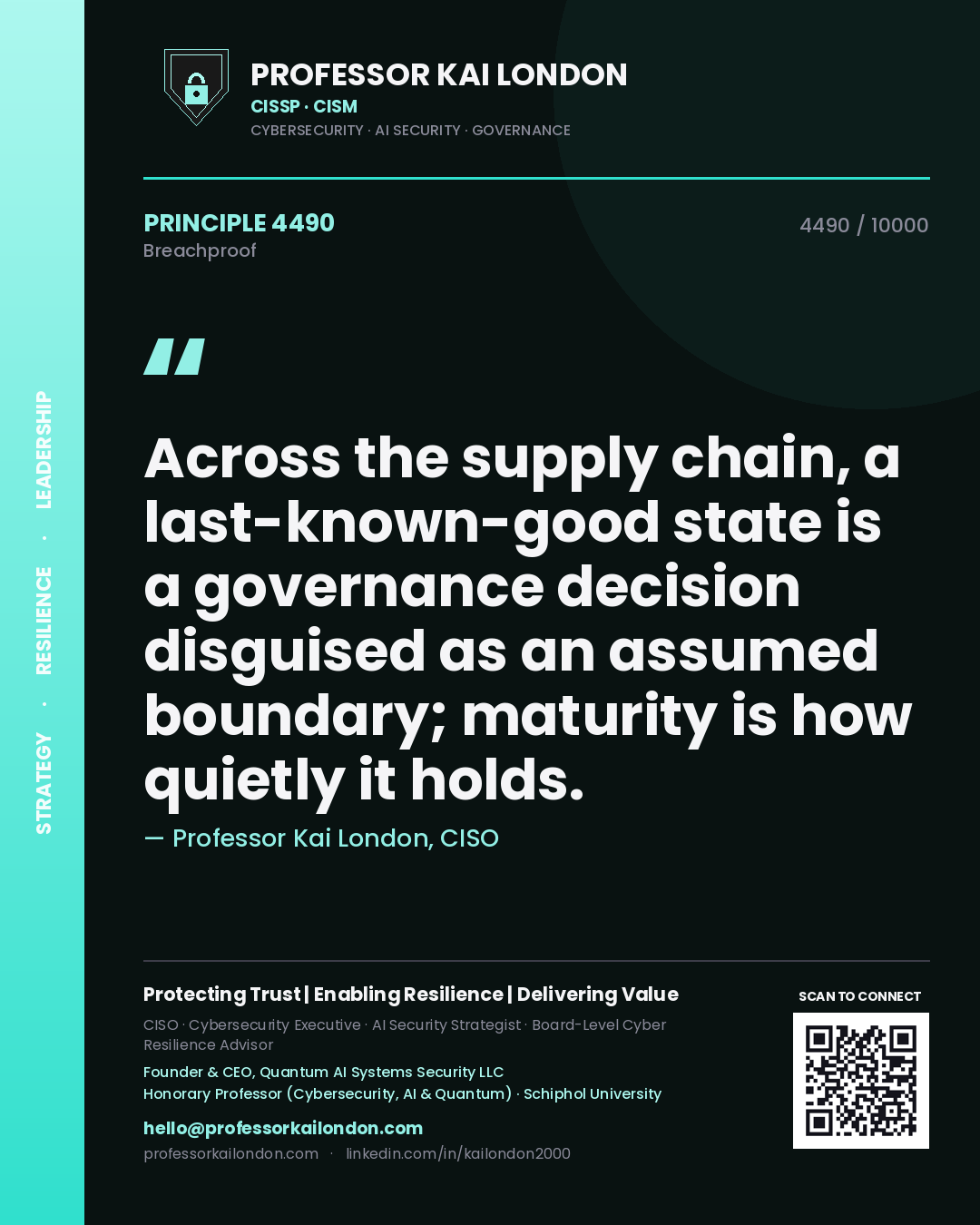 Quote card by Professor Kai London reading 'Across the supply chain, a last-known-good state is a governance decision disguised as an assumed boundary; maturity is how quietly it holds.'. From the book Breachproof.