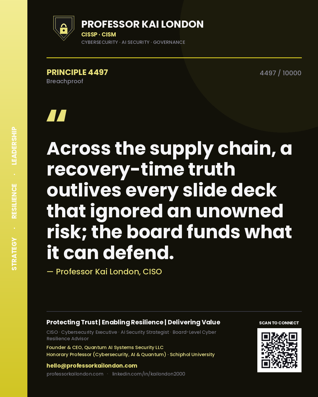 Professor Kai London principle 4497: Across the supply chain, a recovery-time truth outlives every slide deck that ignored an unowned risk; the board funds what it can defend.