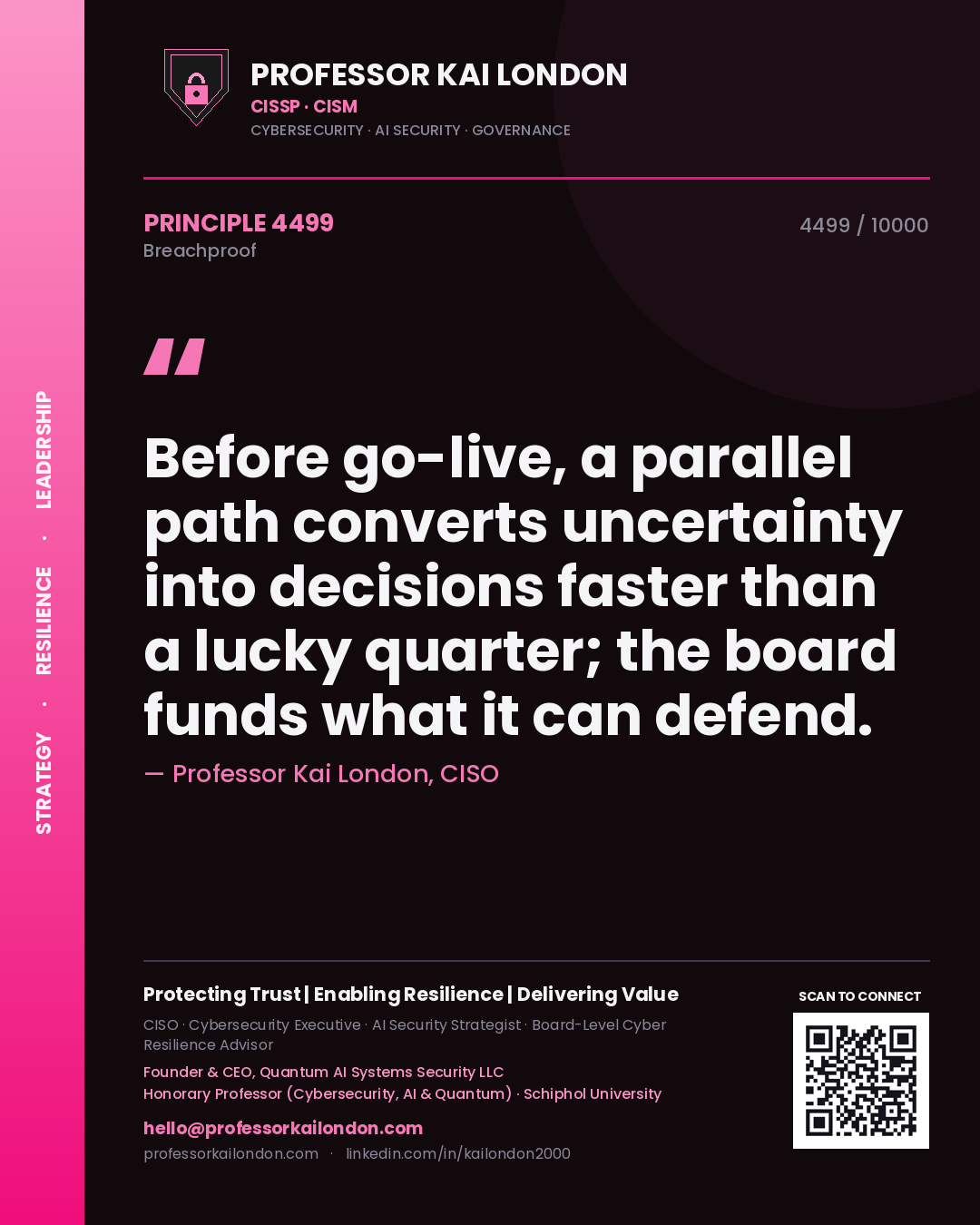Quote card by Professor Kai London reading 'Before go-live, a parallel path converts uncertainty into decisions faster than a lucky quarter; the board funds what it can defend.'. From the book Breachproof.