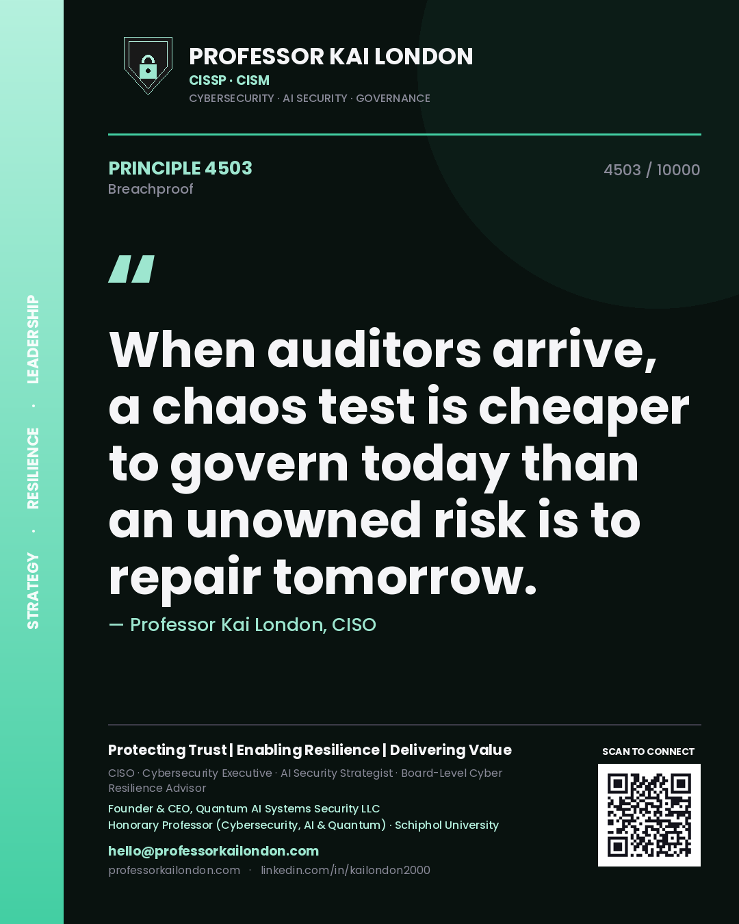 Quote card by Professor Kai London reading 'When auditors arrive, a chaos test is cheaper to govern today than an unowned risk is to repair tomorrow.'. From the book Breachproof.