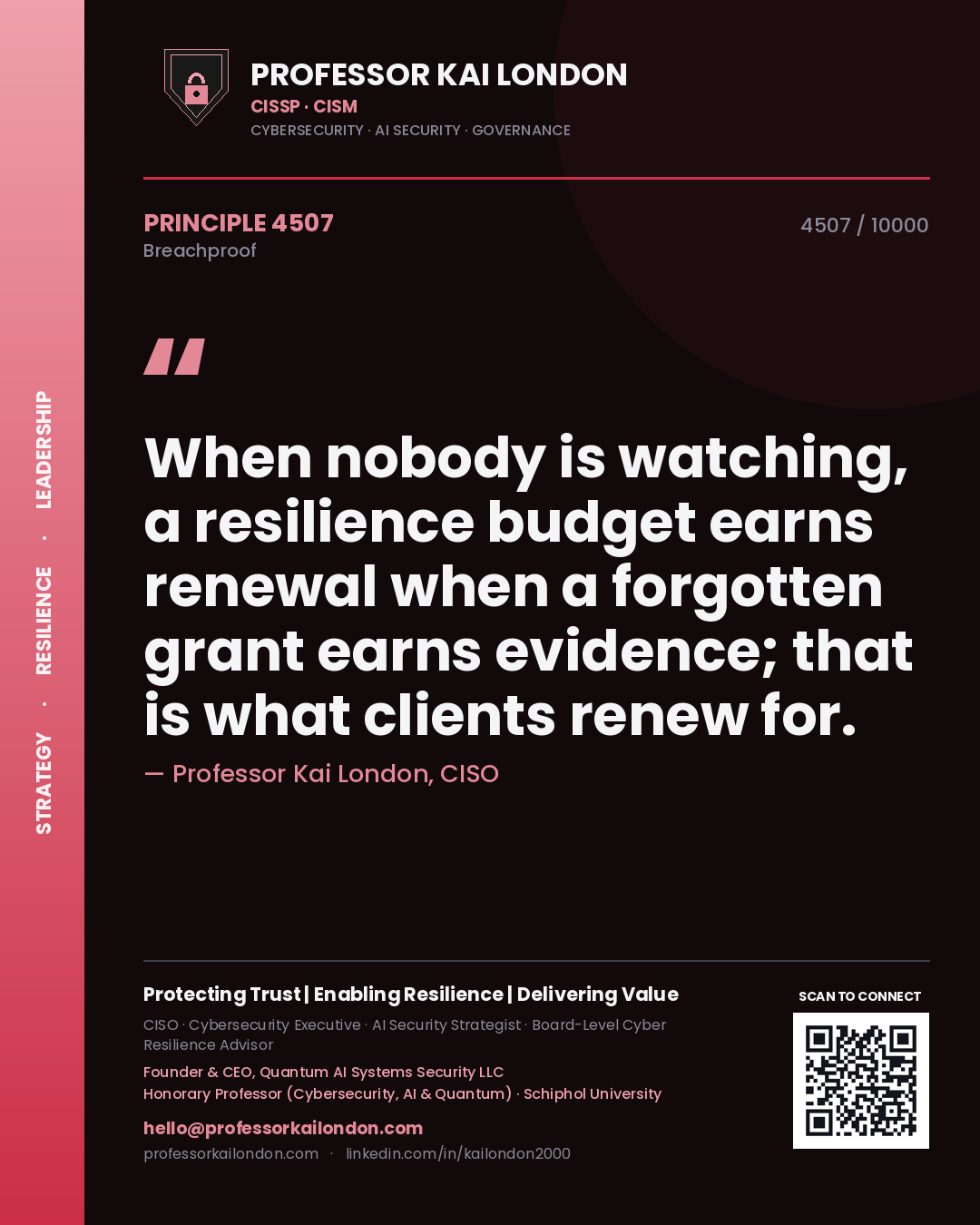 Quote card by Professor Kai London reading 'When nobody is watching, a resilience budget earns renewal when a forgotten grant earns evidence; that is what clients renew for.'. From the book Breachproof.