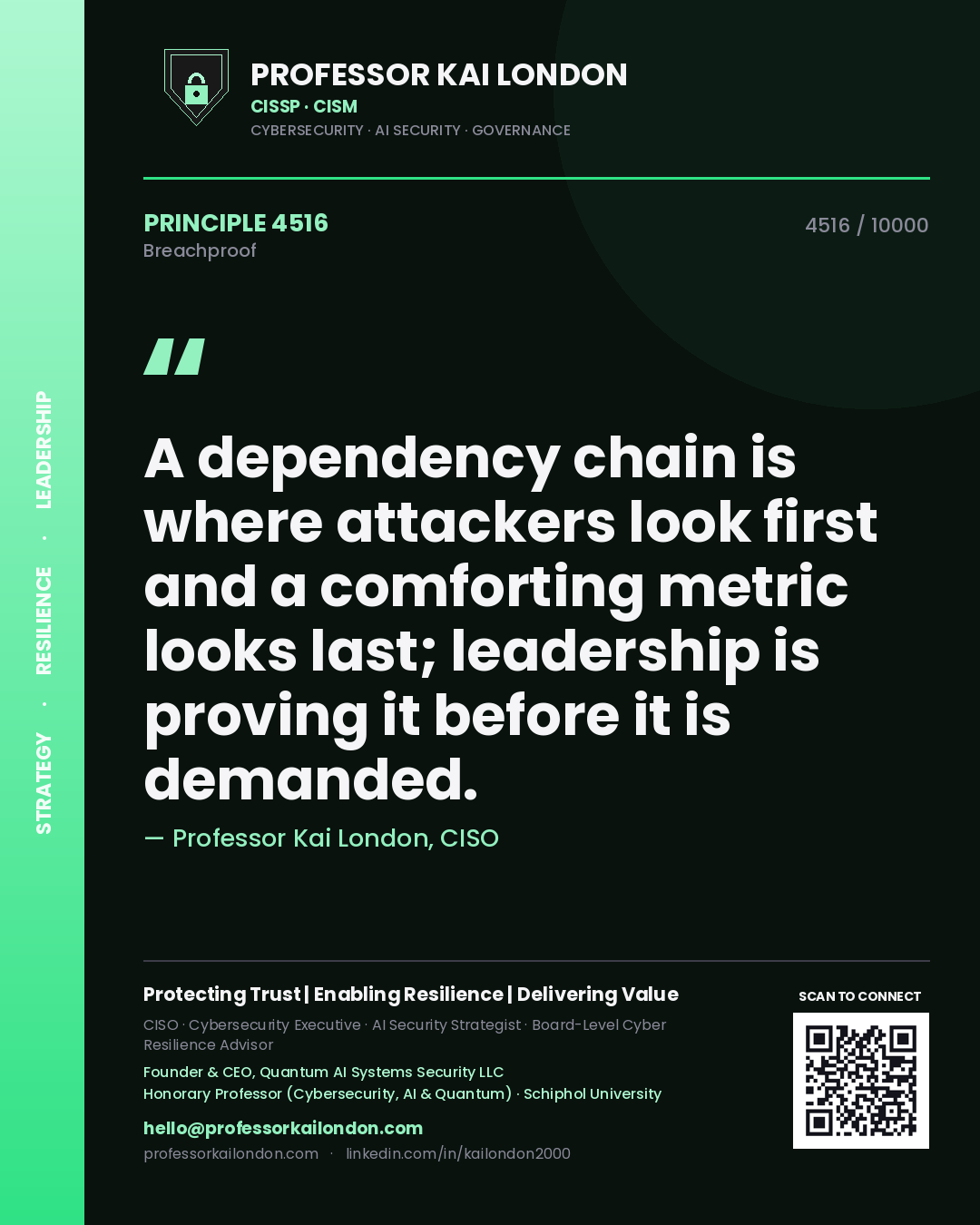 Quote card by Professor Kai London reading 'A dependency chain is where attackers look first and a comforting metric looks last; leadership is proving it before it is demanded.'. From the book Breachproof.