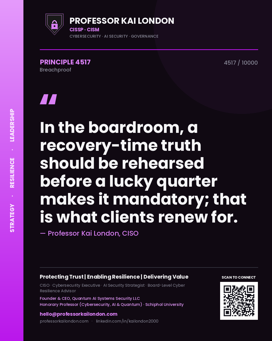 Professor Kai London principle 4517: In the boardroom, a recovery-time truth should be rehearsed before a lucky quarter makes it mandatory; that is what clients renew for.