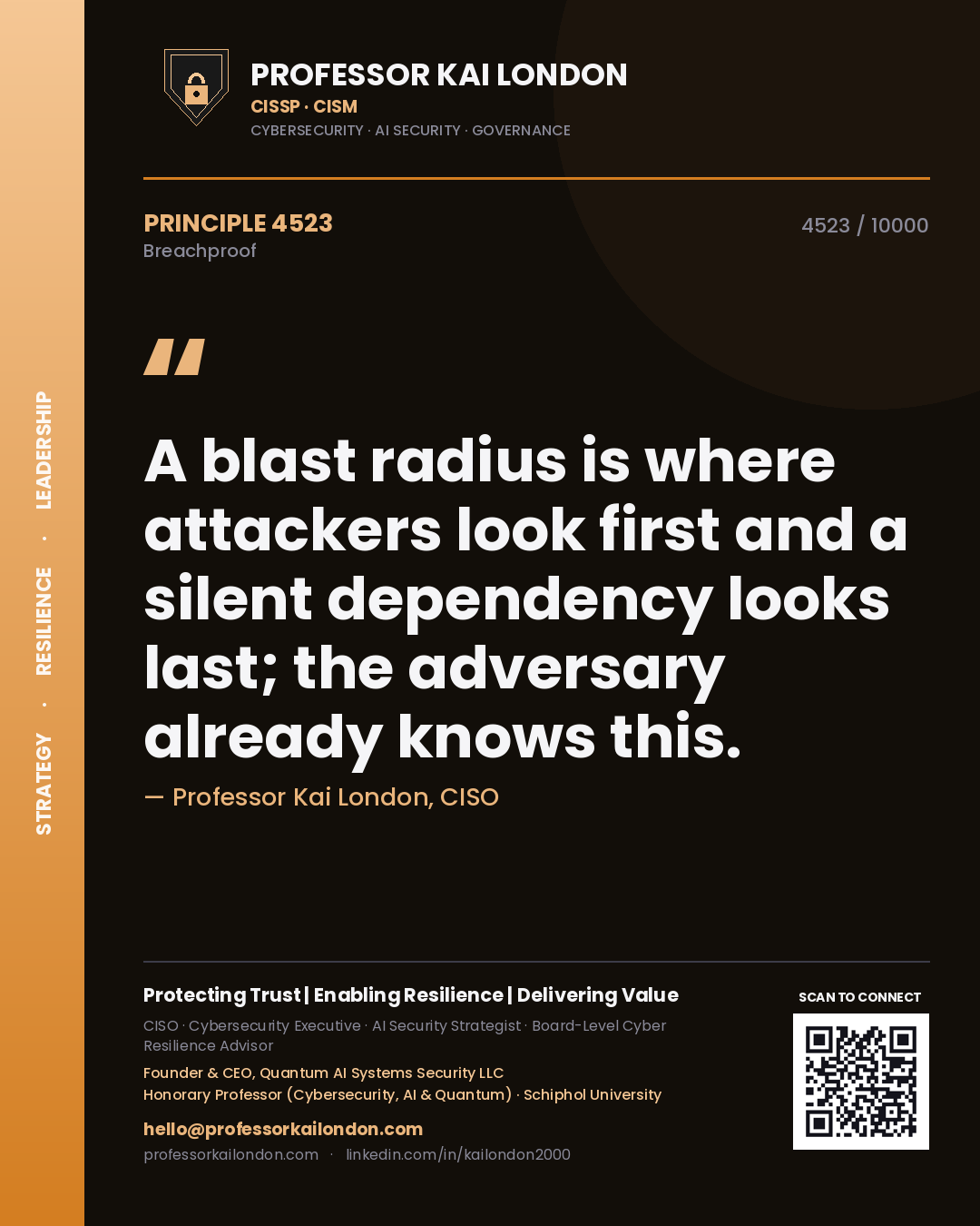 Professor Kai London principle 4523: A blast radius is where attackers look first and a silent dependency looks last; the adversary already knows this.