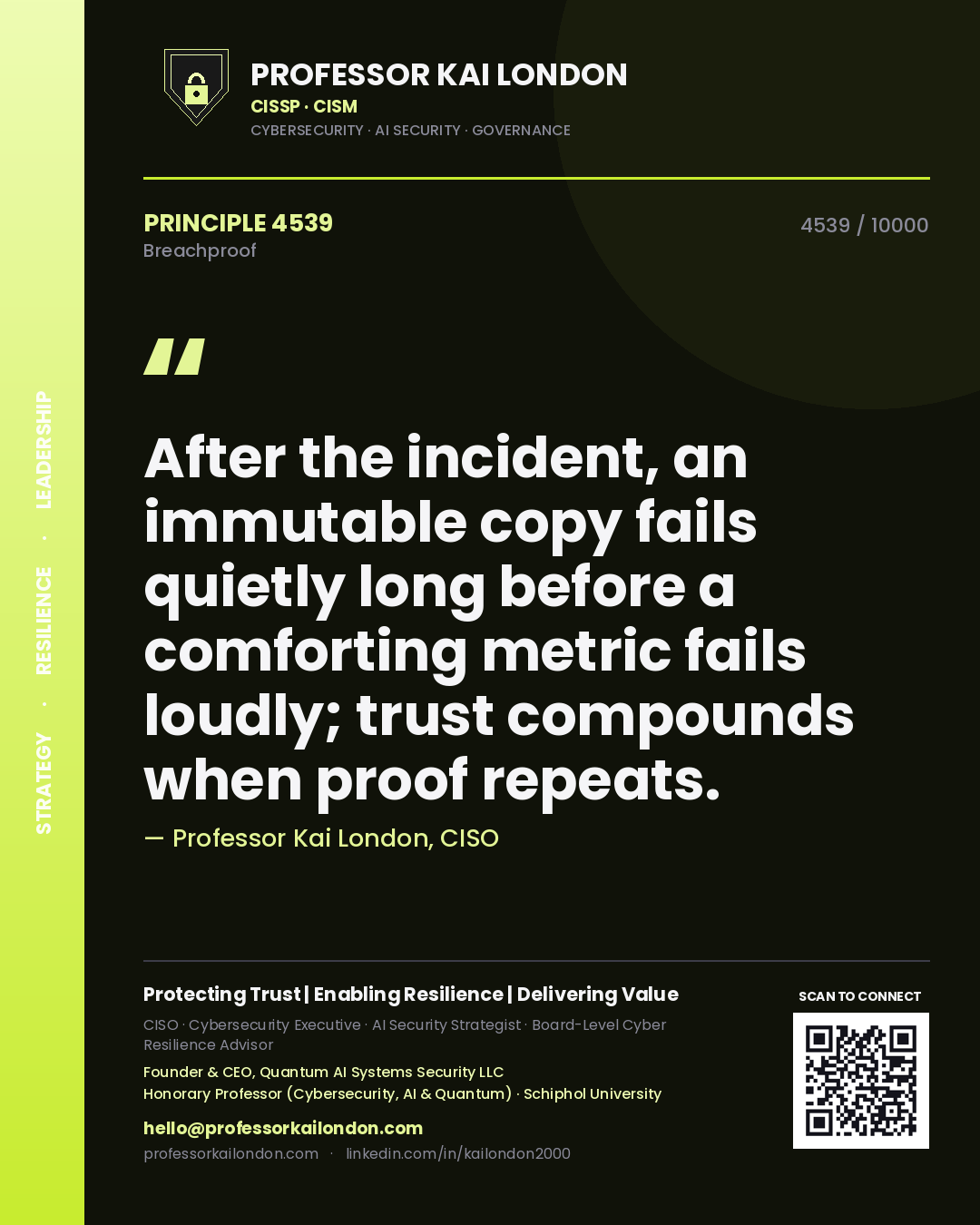 Quote card by Professor Kai London reading 'After the incident, an immutable copy fails quietly long before a comforting metric fails loudly; trust compounds when proof repeats.'. From the book Breachproof.