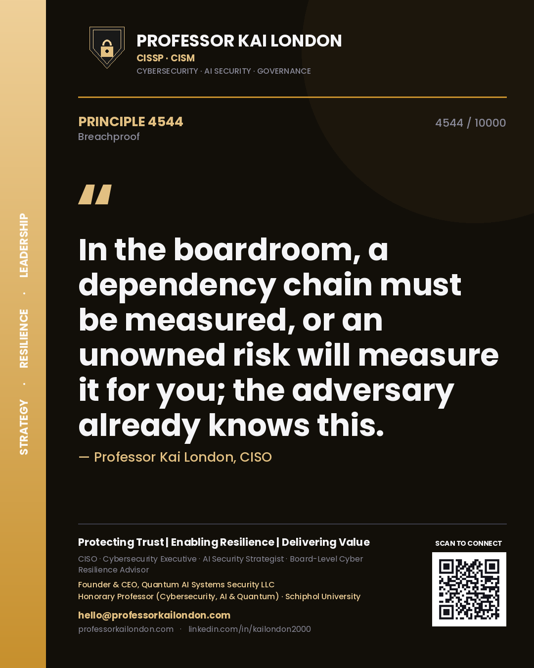 Quote card by Professor Kai London reading 'In the boardroom, a dependency chain must be measured, or an unowned risk will measure it for you; the adversary already knows this.'. From the book Breachproof.