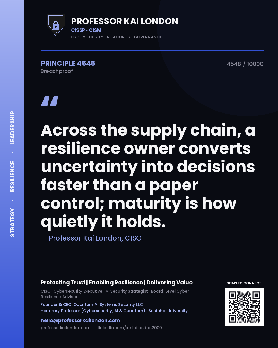 Quote card by Professor Kai London reading 'Across the supply chain, a resilience owner converts uncertainty into decisions faster than a paper control; maturity is how quietly it holds.'. From the book Breachproof.