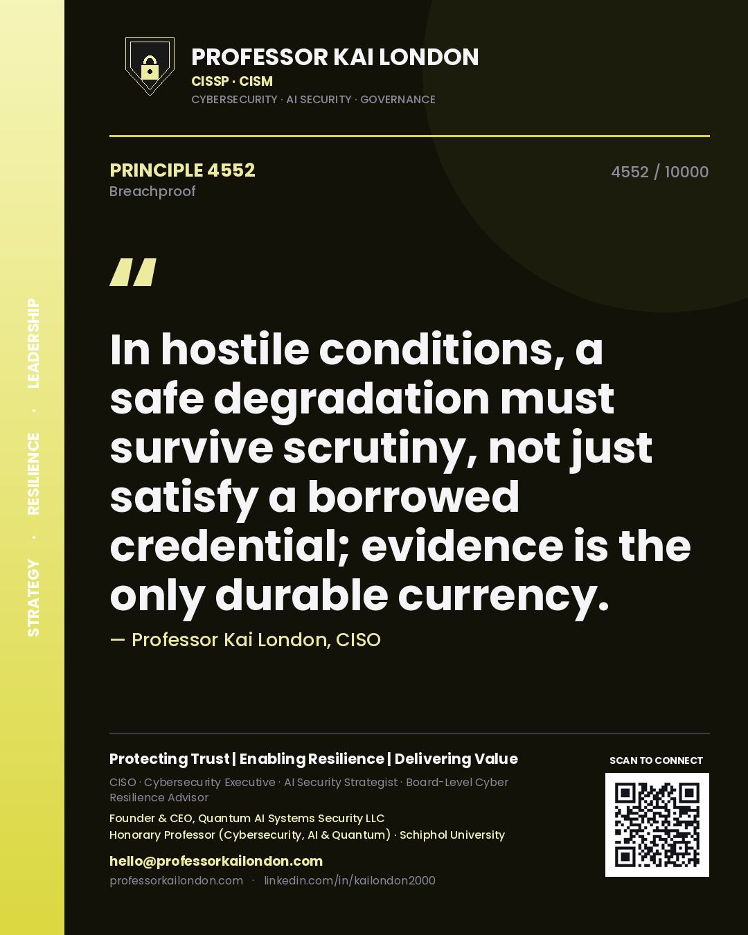 Quote card by Professor Kai London reading 'In hostile conditions, a safe degradation must survive scrutiny, not just satisfy a borrowed credential; evidence is the only durable currency.'. From the book Breachproof.