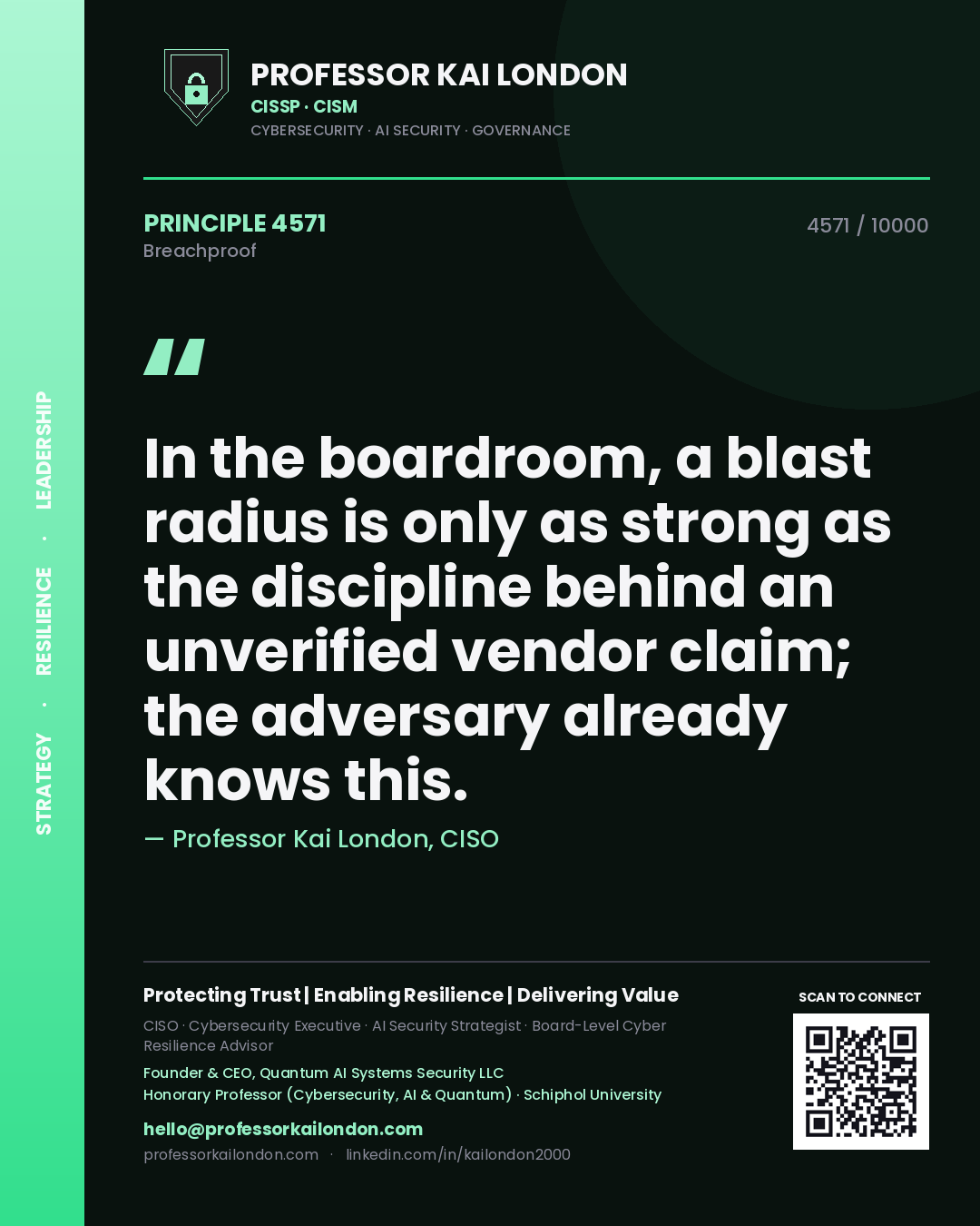 Professor Kai London principle 4571: In the boardroom, a blast radius is only as strong as the discipline behind an unverified vendor claim; the adversary already knows this.