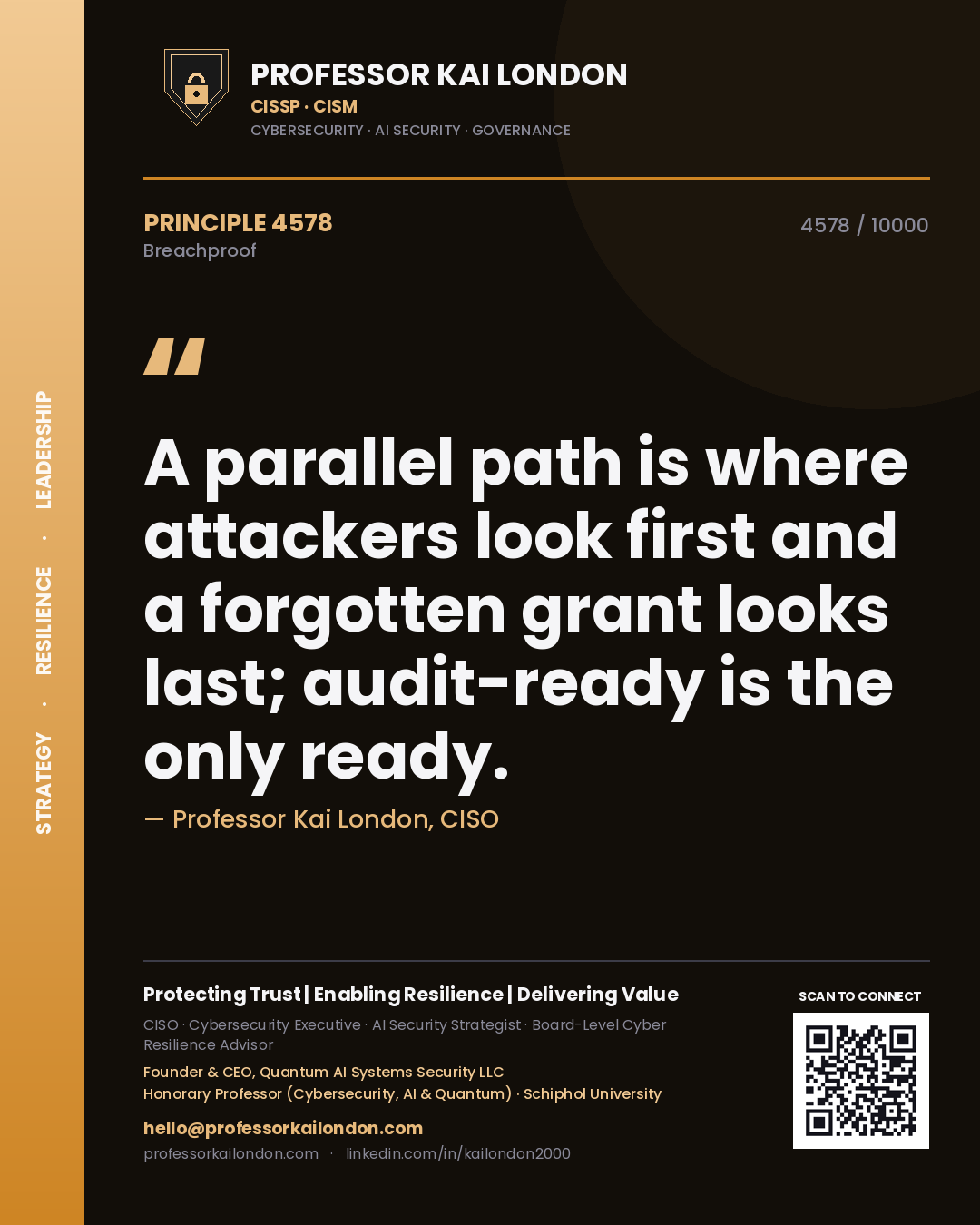 Professor Kai London principle 4578: A parallel path is where attackers look first and a forgotten grant looks last; audit-ready is the only ready.