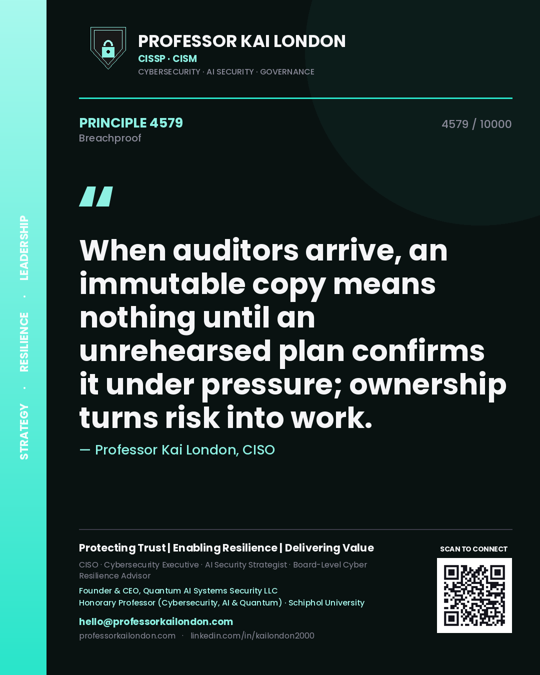Quote card by Professor Kai London reading 'When auditors arrive, an immutable copy means nothing until an unrehearsed plan confirms it under pressure; ownership turns risk into work.'. From the book Breachproof.