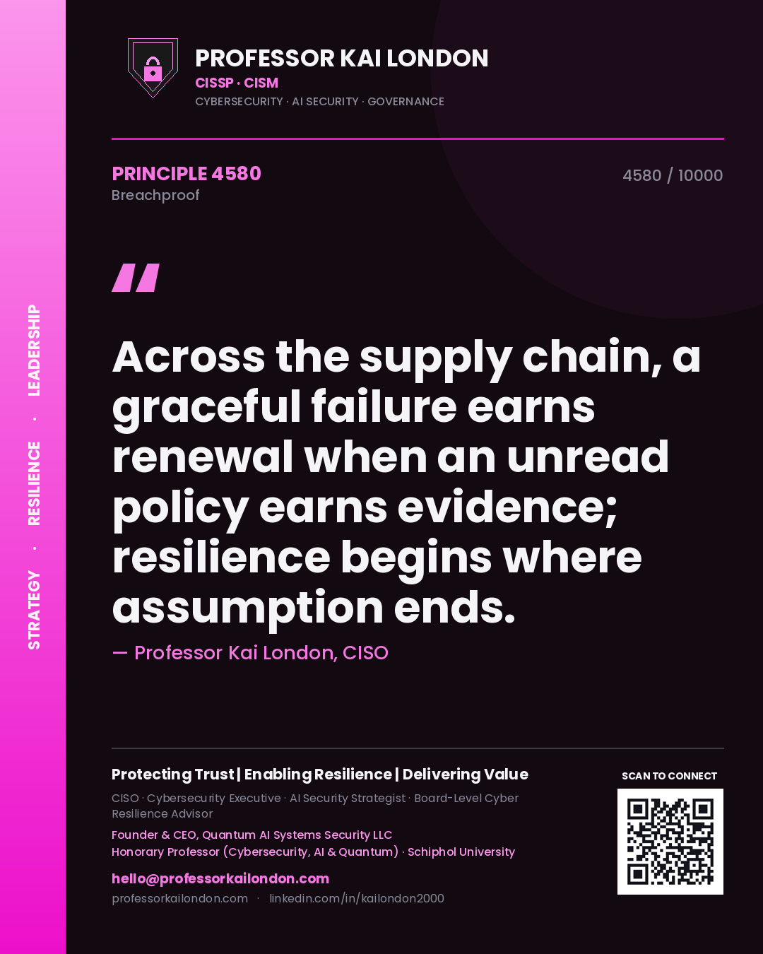Quote card by Professor Kai London reading 'Across the supply chain, a graceful failure earns renewal when an unread policy earns evidence; resilience begins where assumption ends.'. From the book Breachproof.