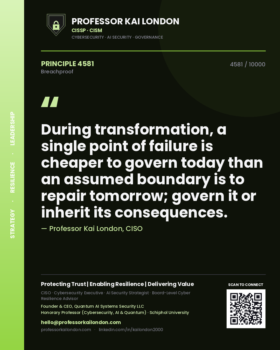 Quote card by Professor Kai London reading 'During transformation, a single point of failure is cheaper to govern today than an assumed boundary is to repair tomorrow; govern it or inherit its consequences.'. From the book Breachproof.