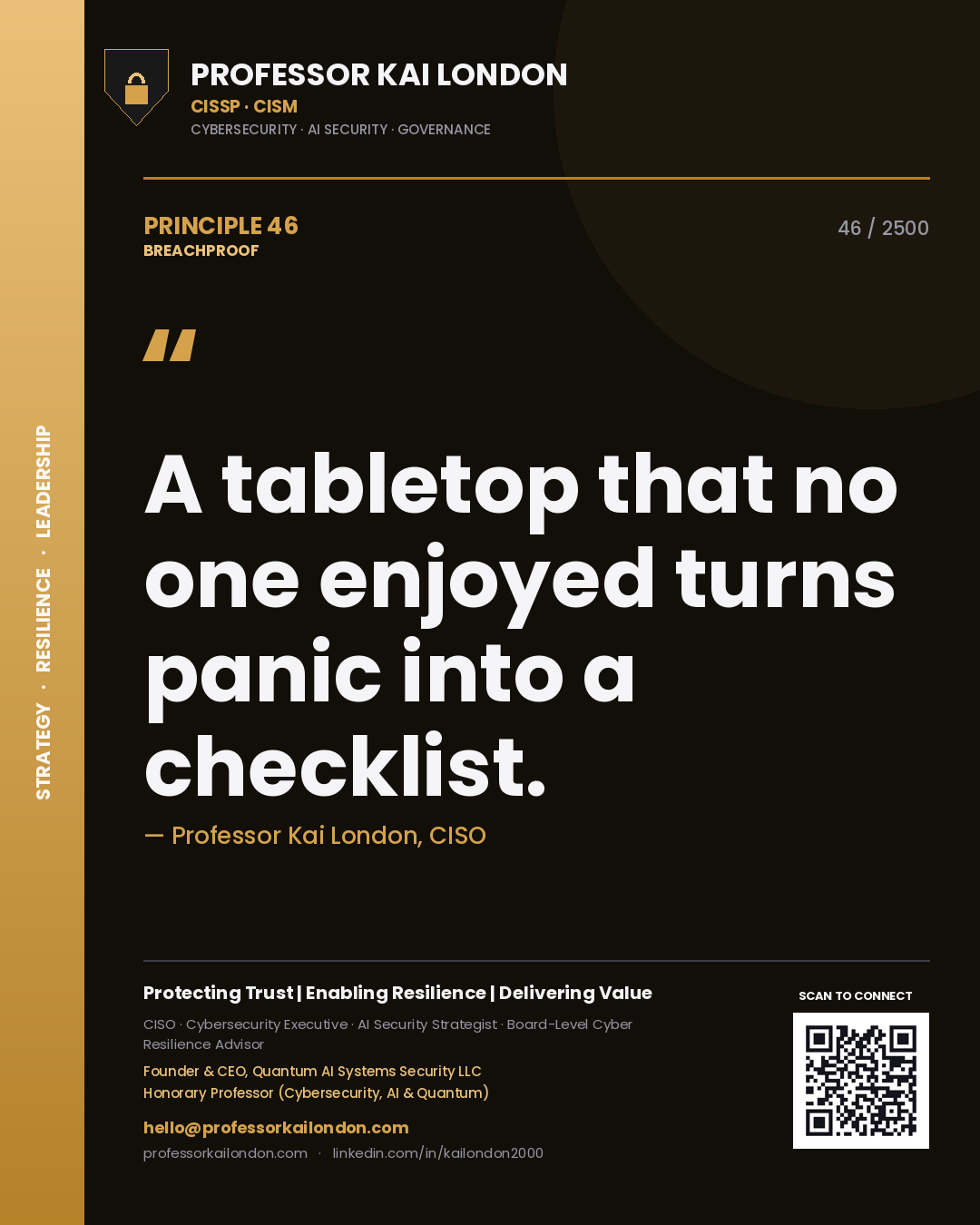 Quote card by Professor Kai London reading 'A tabletop that no one enjoyed turns panic into a checklist.'. From the book Breachproof.