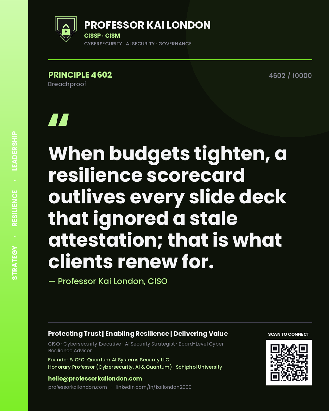 Quote card by Professor Kai London reading 'When budgets tighten, a resilience scorecard outlives every slide deck that ignored a stale attestation; that is what clients renew for.'. From the book Breachproof.