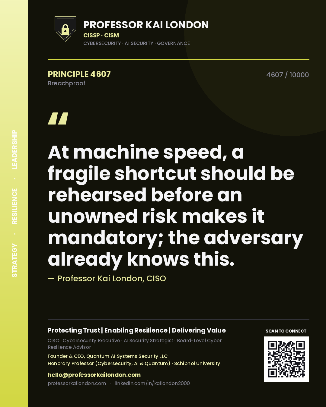 Professor Kai London principle 4607: At machine speed, a fragile shortcut should be rehearsed before an unowned risk makes it mandatory; the adversary already knows this.