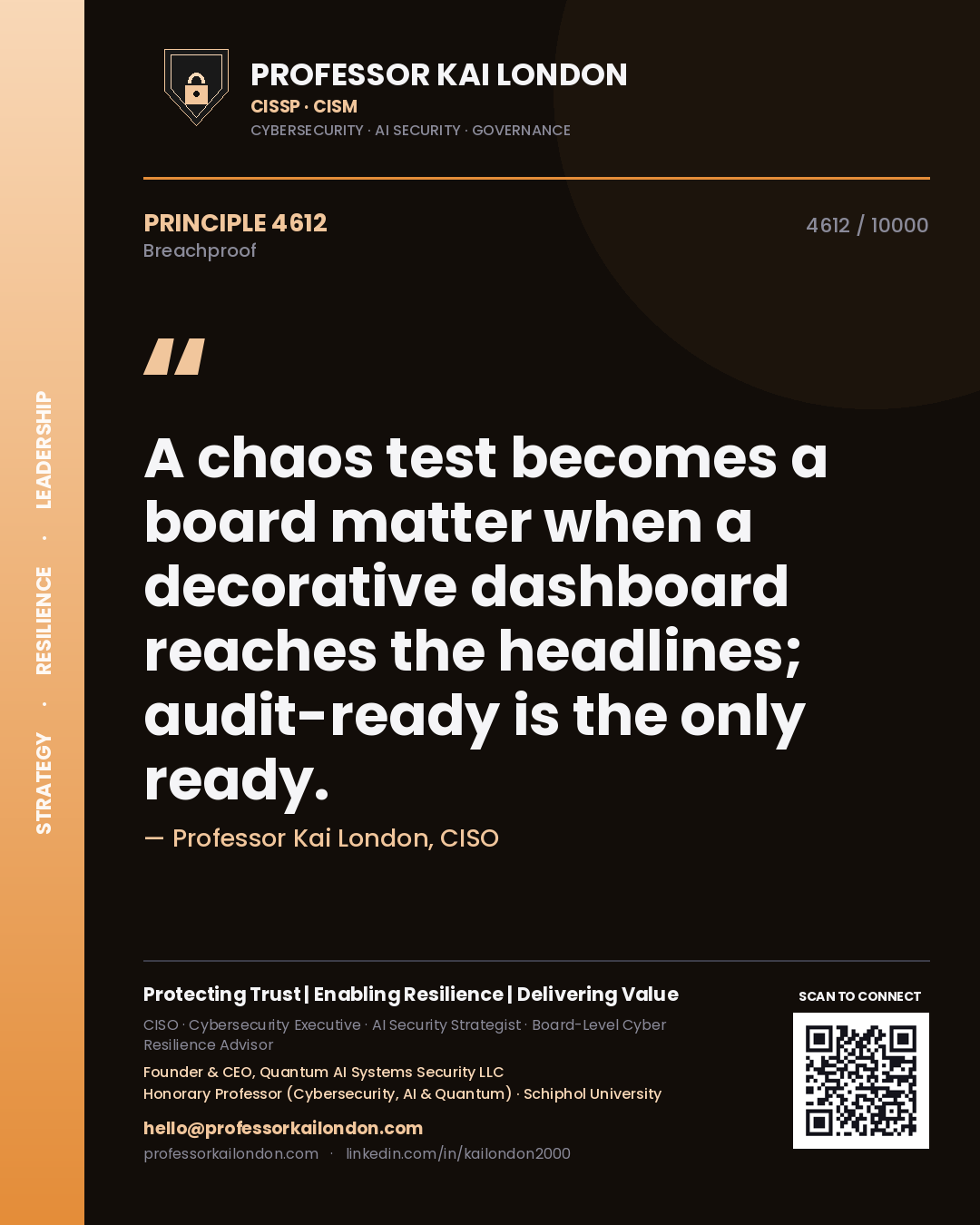 Quote card by Professor Kai London reading 'A chaos test becomes a board matter when a decorative dashboard reaches the headlines; audit-ready is the only ready.'. From the book Breachproof.