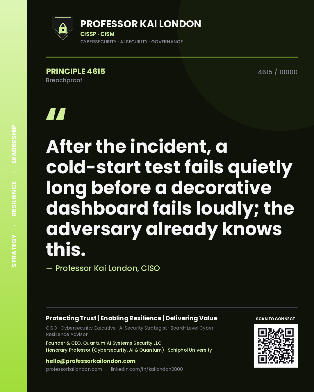 Quote card by Professor Kai London reading 'After the incident, a cold-start test fails quietly long before a decorative dashboard fails loudly; the adversary already knows this.'. From the book Breachproof.