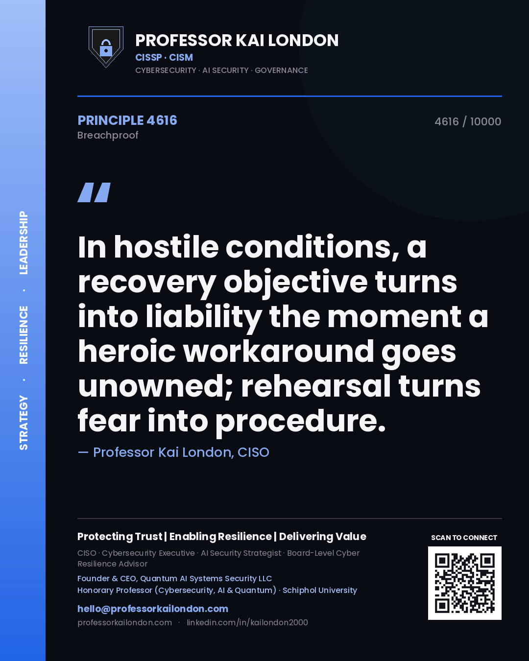 Professor Kai London principle 4616: In hostile conditions, a recovery objective turns into liability the moment a heroic workaround goes unowned; rehearsal turns fear into procedure.