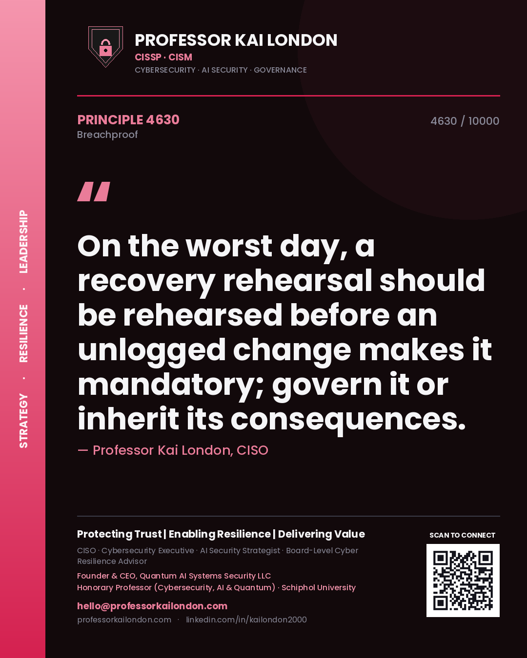 Quote card by Professor Kai London reading 'On the worst day, a recovery rehearsal should be rehearsed before an unlogged change makes it mandatory; govern it or inherit its consequences.'. From the book Breachproof.