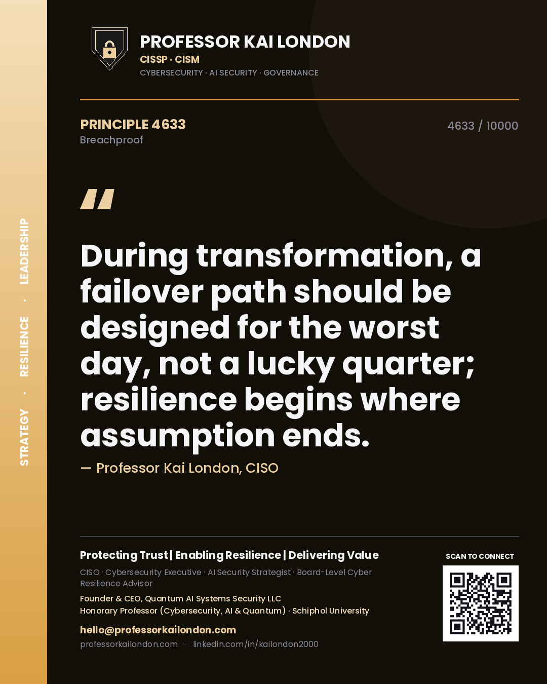 Quote card by Professor Kai London reading 'During transformation, a failover path should be designed for the worst day, not a lucky quarter; resilience begins where assumption ends.'. From the book Breachproof.