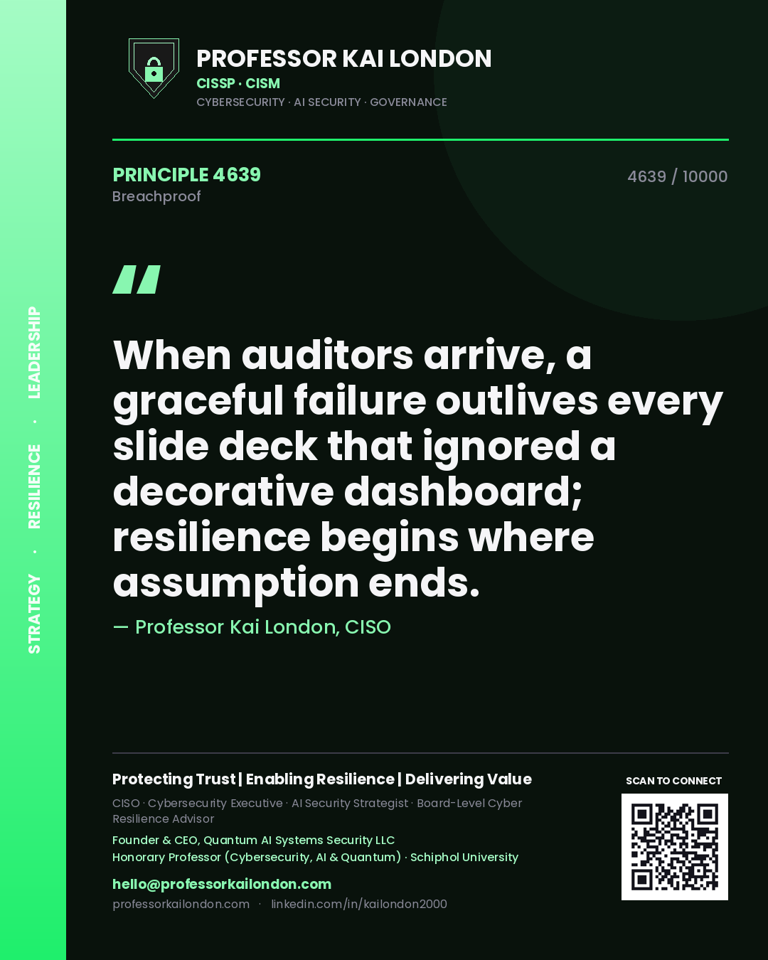 Quote card by Professor Kai London reading 'When auditors arrive, a graceful failure outlives every slide deck that ignored a decorative dashboard; resilience begins where assumption ends.'. From the book Breachproof.